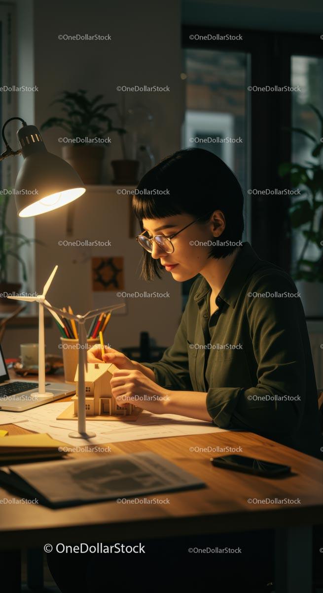 Architect Designing a Model with Desk Lamp Illumination