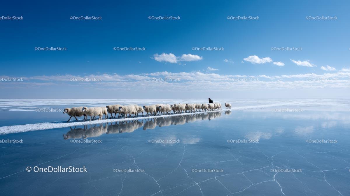 Sheep Herd Crossing Reflective Icy Landscape