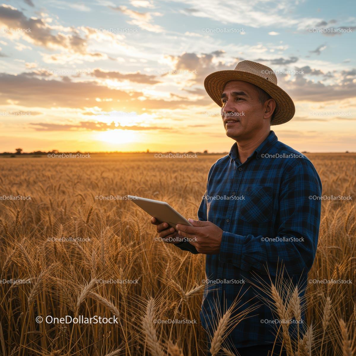 Farmer with Tablet in Wheat Field at Sunset