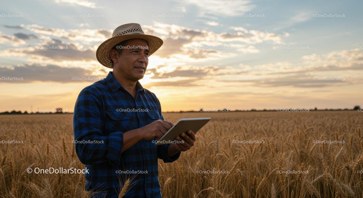 Farmer Using Tablet in Wheat Field at Sunset