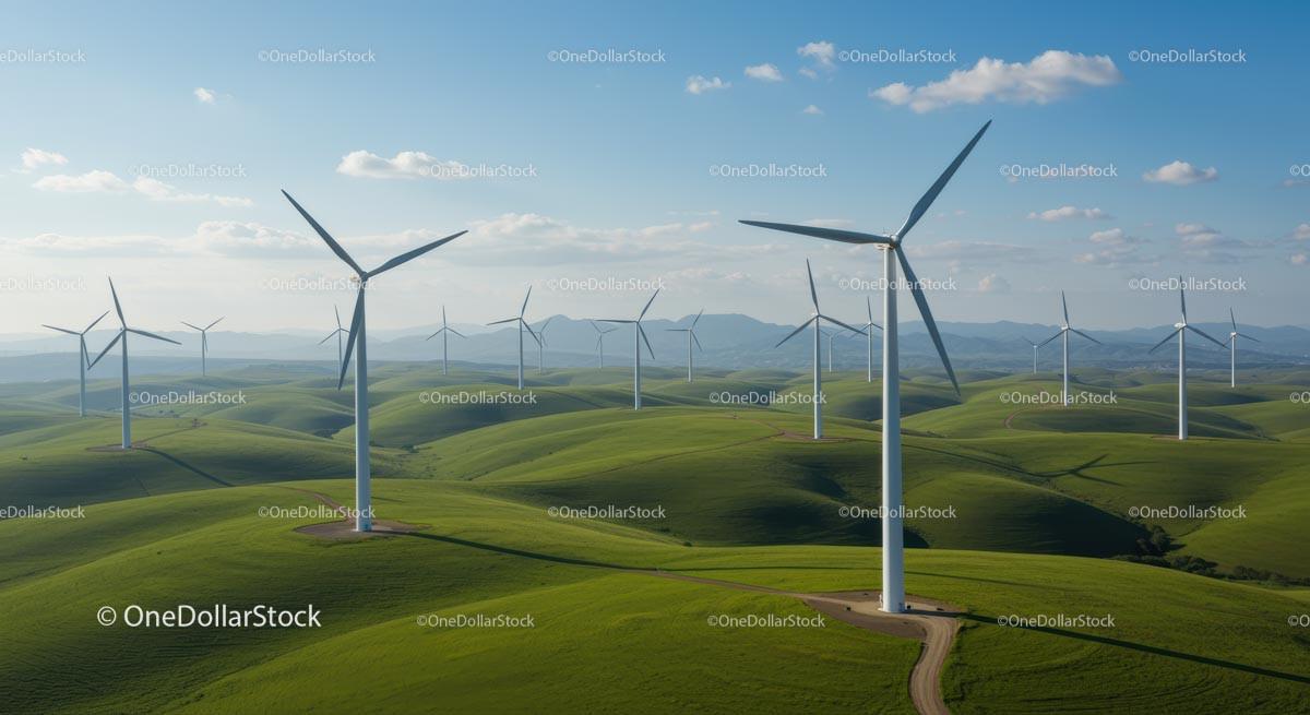 Wind Turbines on Rolling Green Hills Under Clear Blue Sky
