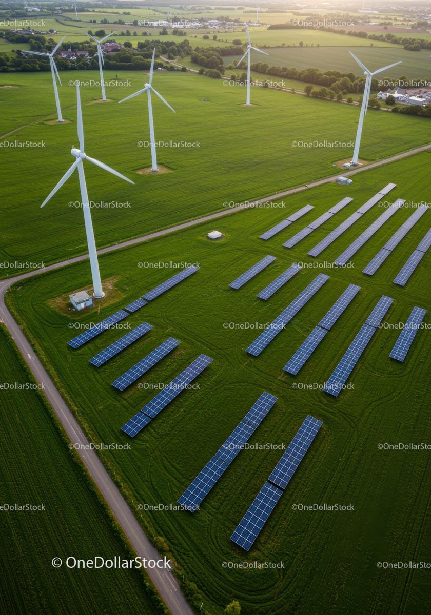 Aerial View of Wind Turbines and Solar Panels in Green Landscape