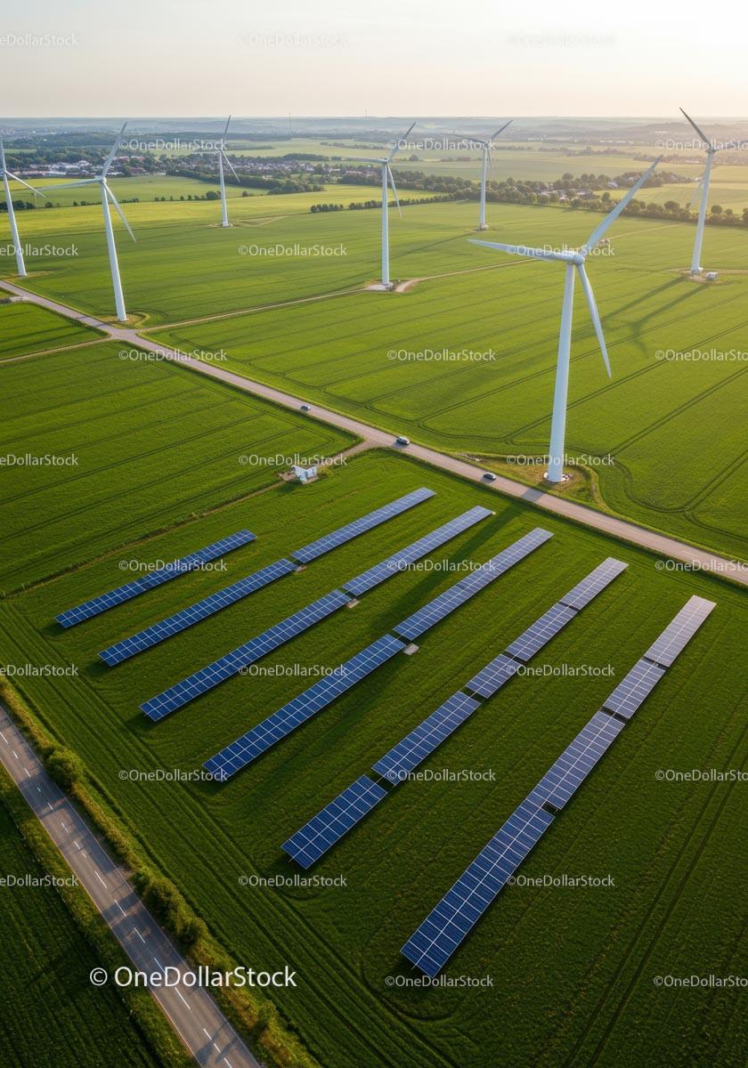 Aerial View of Wind Turbines and Solar Panels in Green Field