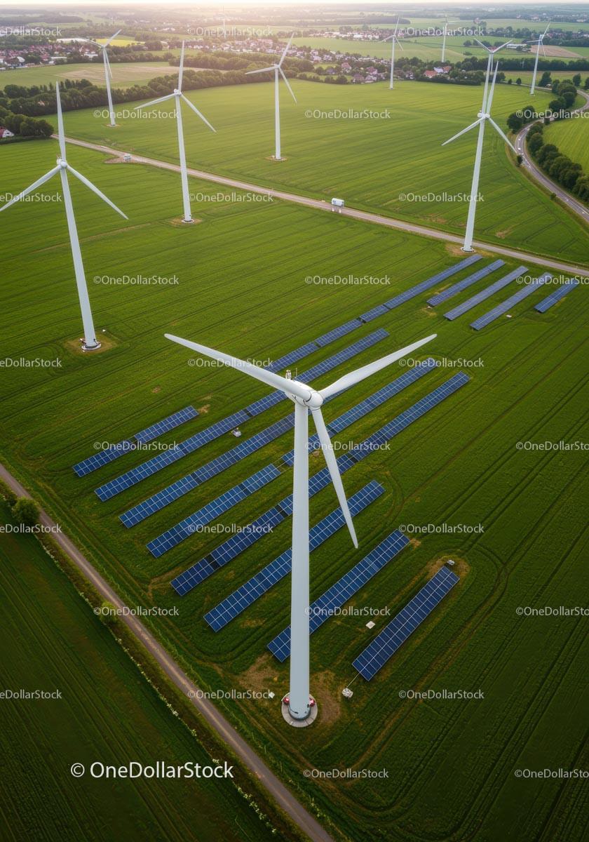 Aerial View of Wind Turbines and Solar Panels in Green Field