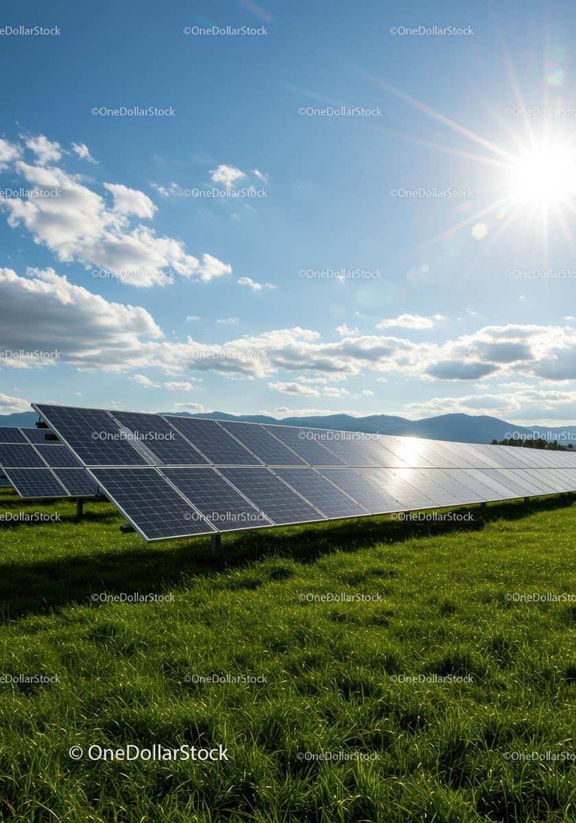 Solar Panels on Green Field Under Bright Sunlight