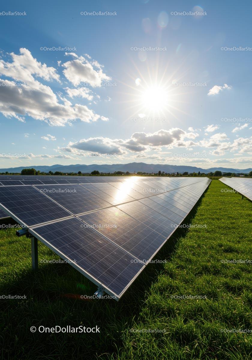 Solar Panels in a Green Field Under Blue Sky