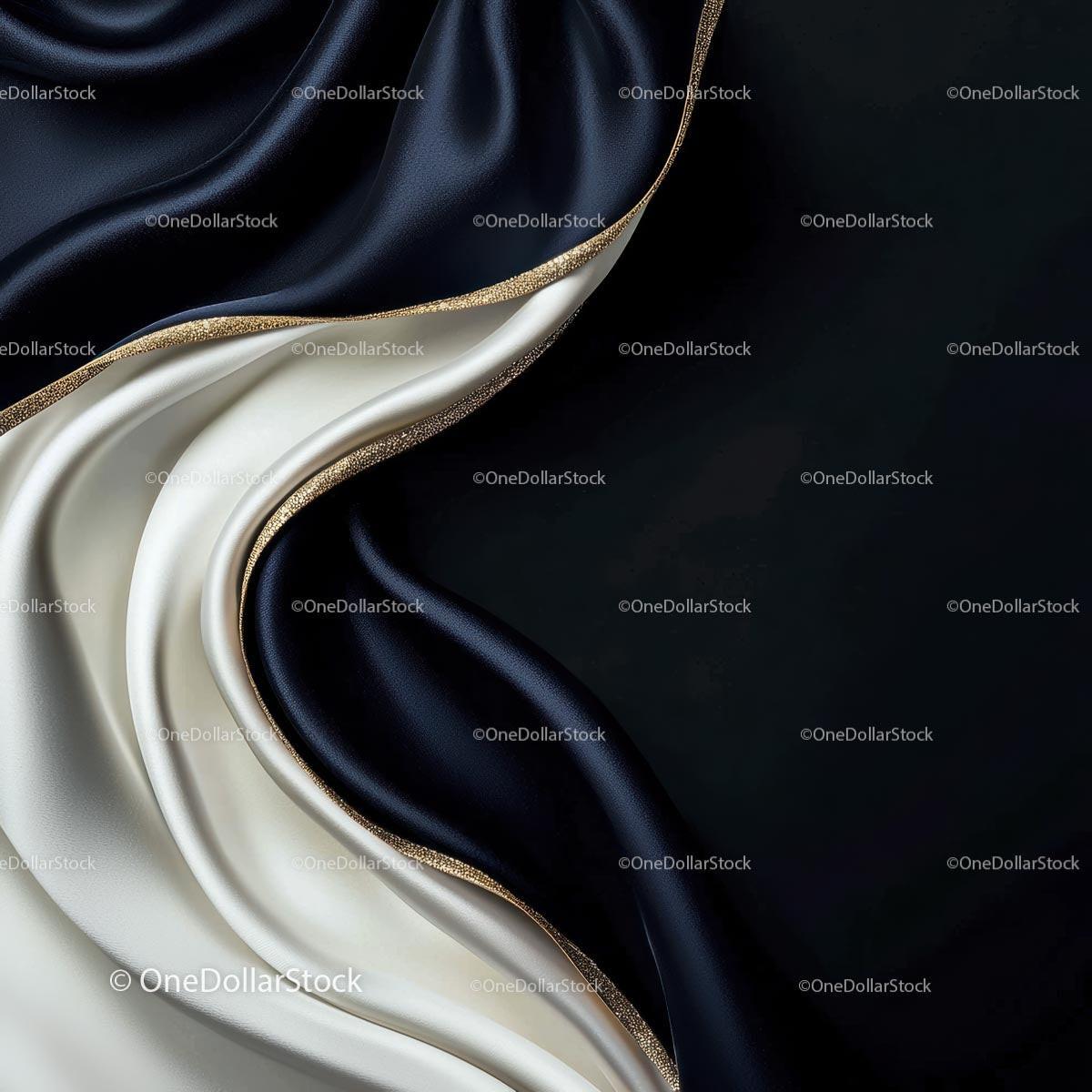 Elegant Black and White Silk Fabric with Golden Trim