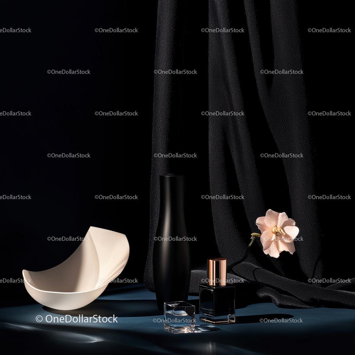 Elegant Black Vase and Ceramic Bowl with Delicate Flower