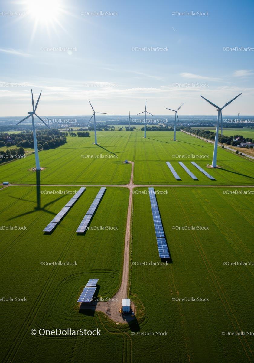 Wind Turbines and Solar Panels in Green Field