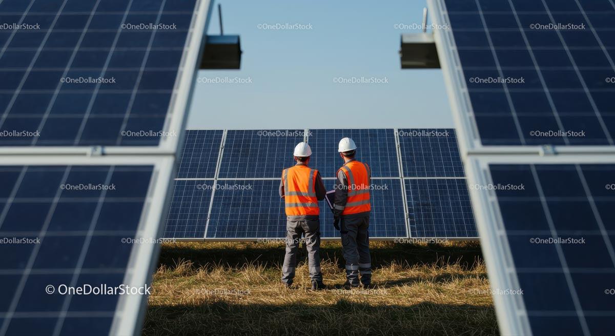 Engineers Inspecting Solar Panels on a Sunny Day