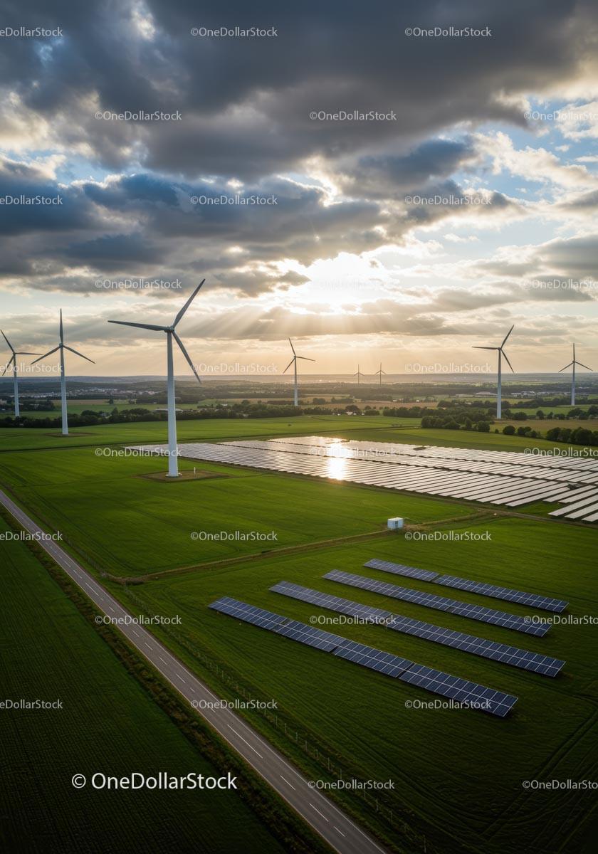 Aerial View of Wind Turbines and Solar Panels in Green Fields