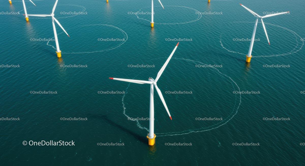 Aerial View of Offshore Wind Turbines in Blue Ocean Waters