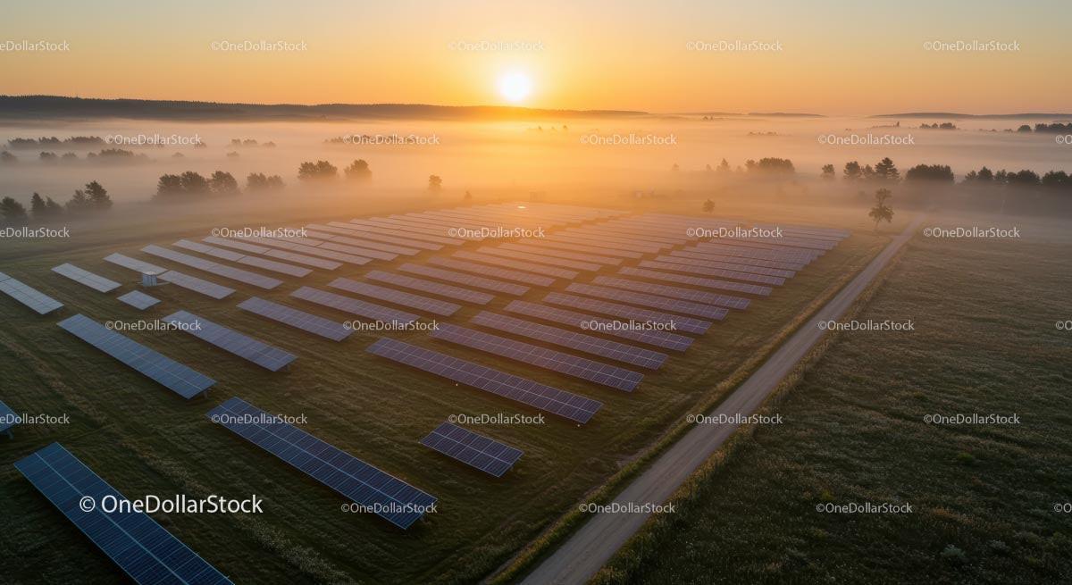 Foggy Sunrise Over Solar Panel Field in Countryside