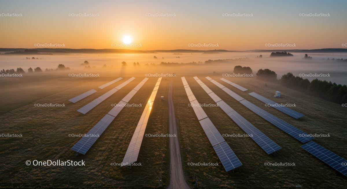 Misty Sunrise Over Solar Panel Array