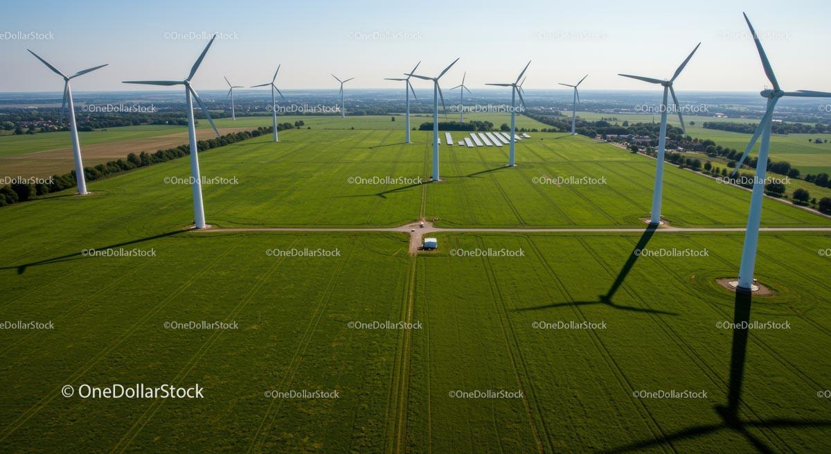 Aerial View of Wind Turbines on Green Field
