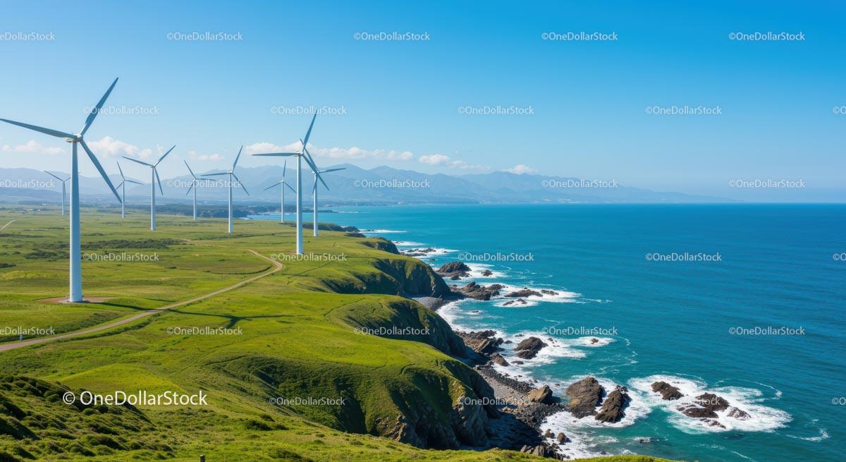 Wind Turbines on Verdant Coastal Cliffs Overlooking Ocean