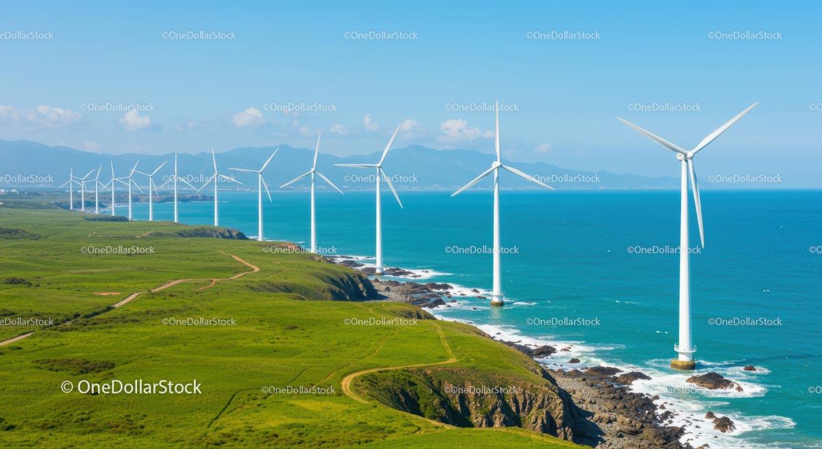Wind Turbines on a Coastal Green Landscape