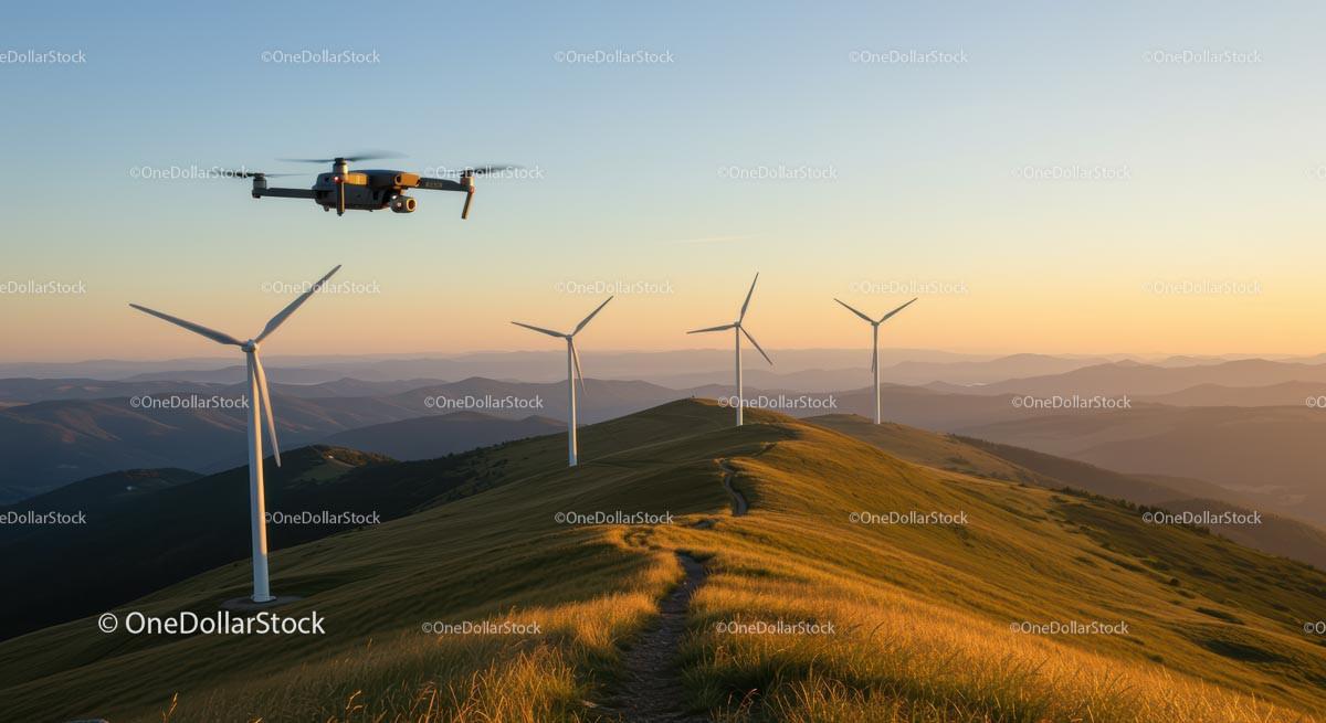 Drone Flying Over Wind Turbines on Grassy Mountain at Sunset