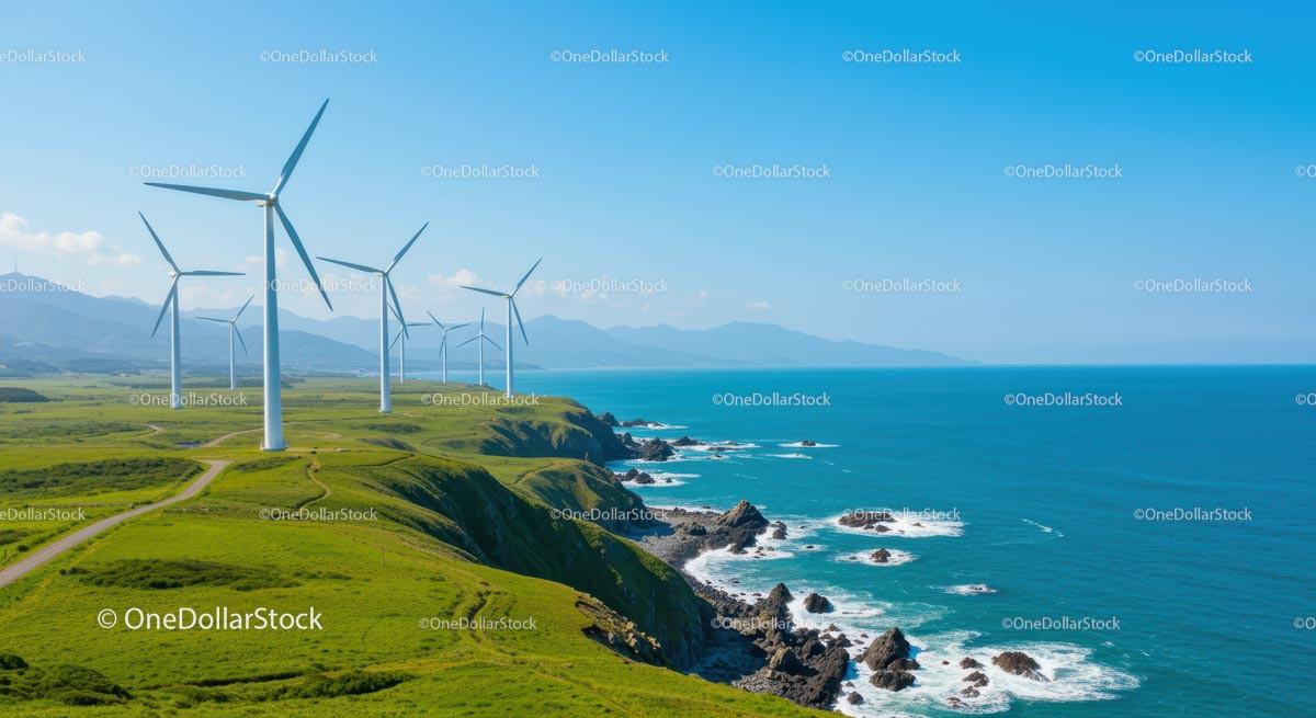 Wind Turbines Overlooking Coastal Green Hills and Blue Ocean