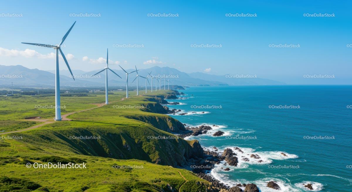 Wind Turbines on Scenic Coastal Greenery