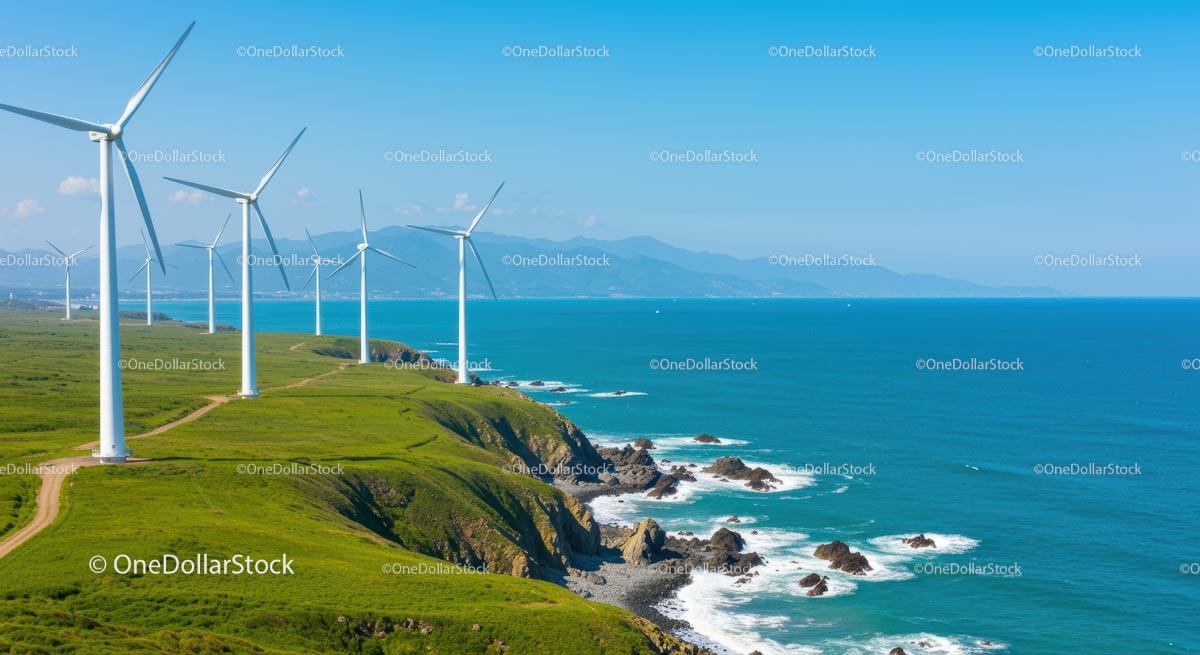 Wind Turbines Along Vibrant Green Coastal Hills