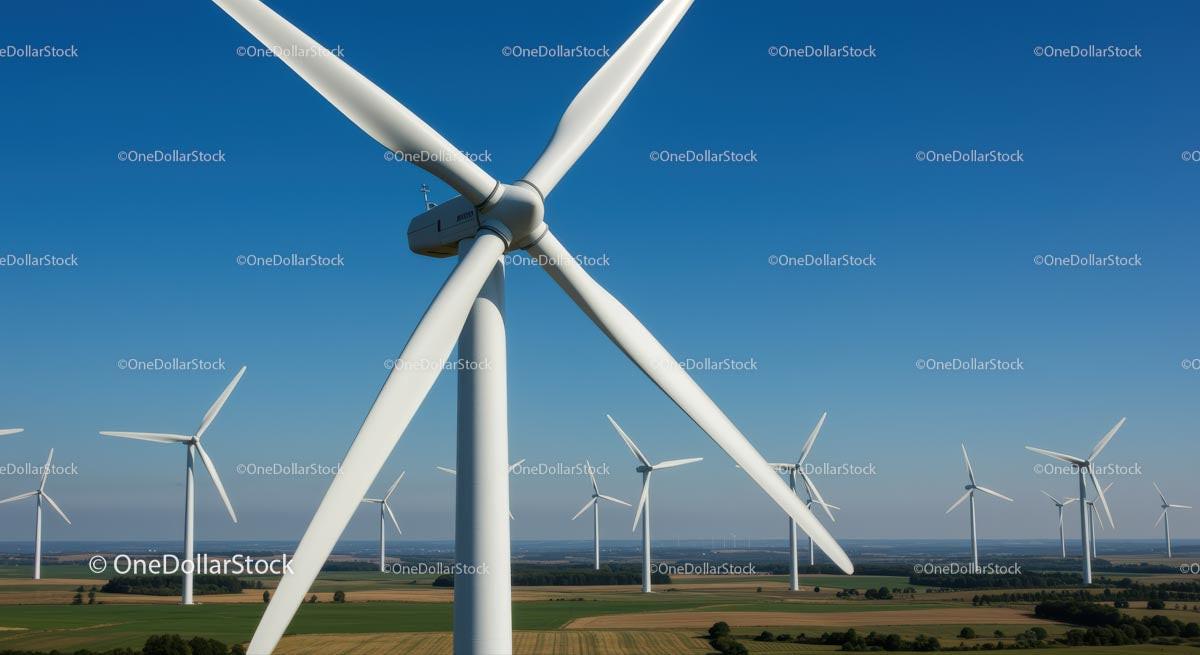 Wind Turbines in Green Fields Under Clear Blue Sky