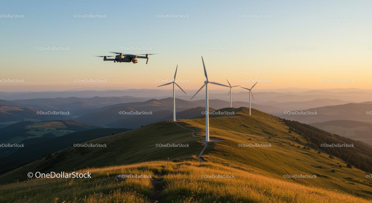 Drone Over Wind Turbines at Sunset in Rolling Hills