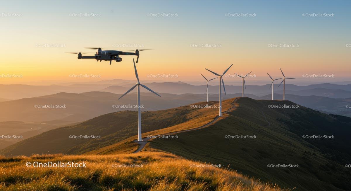 Drone Flying Over Wind Turbines at Sunset in Mountain Landscape