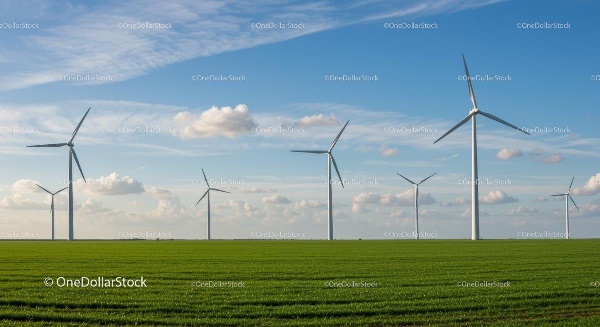 Wind Turbines on a Green Field Under a Blue Sky