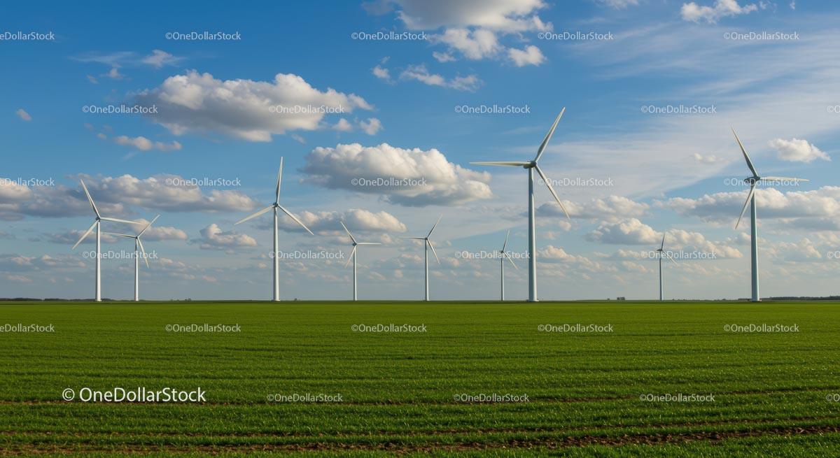 Wind Turbines on a Green Field Under a Cloudy Blue Sky