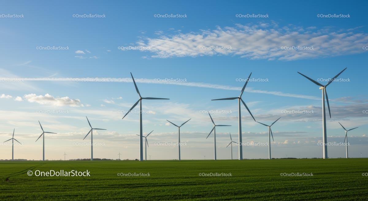 Wind Turbines Across Vibrant Green Fields and Blue Skies