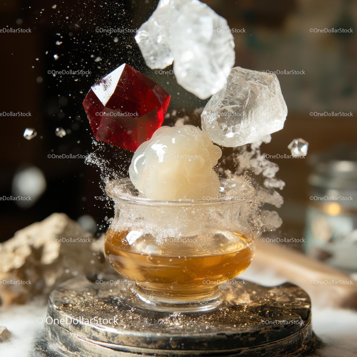 Artistic Frozen Motion with Ice and Red Gem