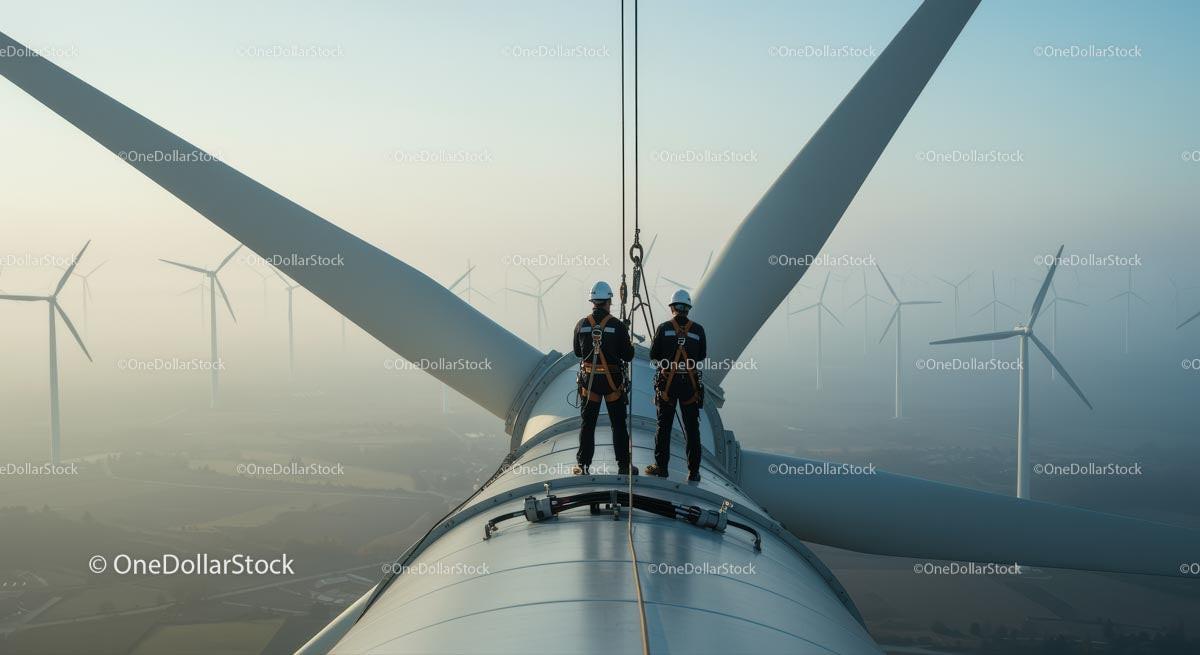 Engineers Maintaining Wind Turbine at Sunrise