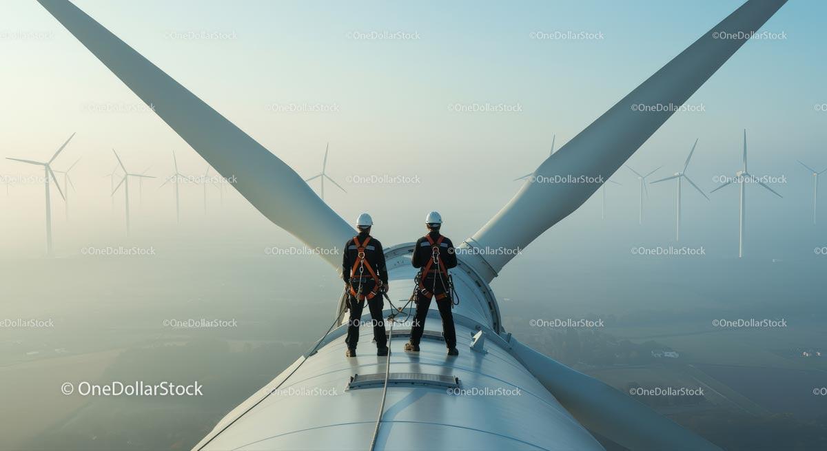 Engineers Inspecting Wind Turbine at Sunrise