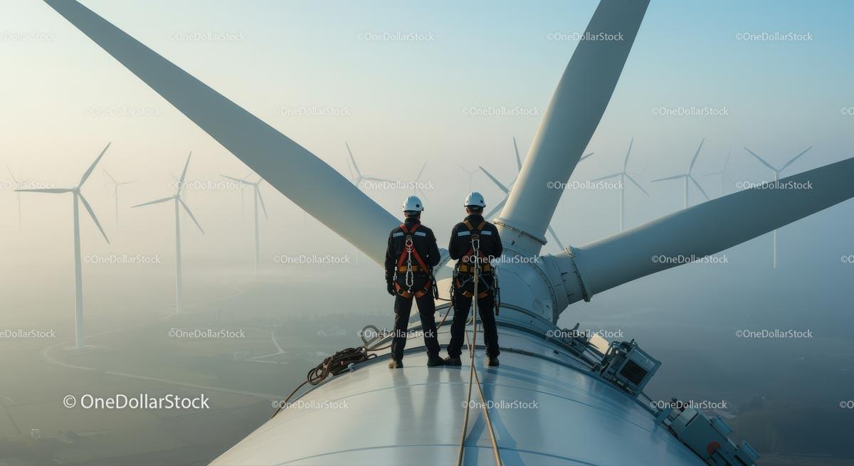 stock photo bundle made with Technicians Maintaining Wind Turbine at Wind Farm Stock Photo Bundle