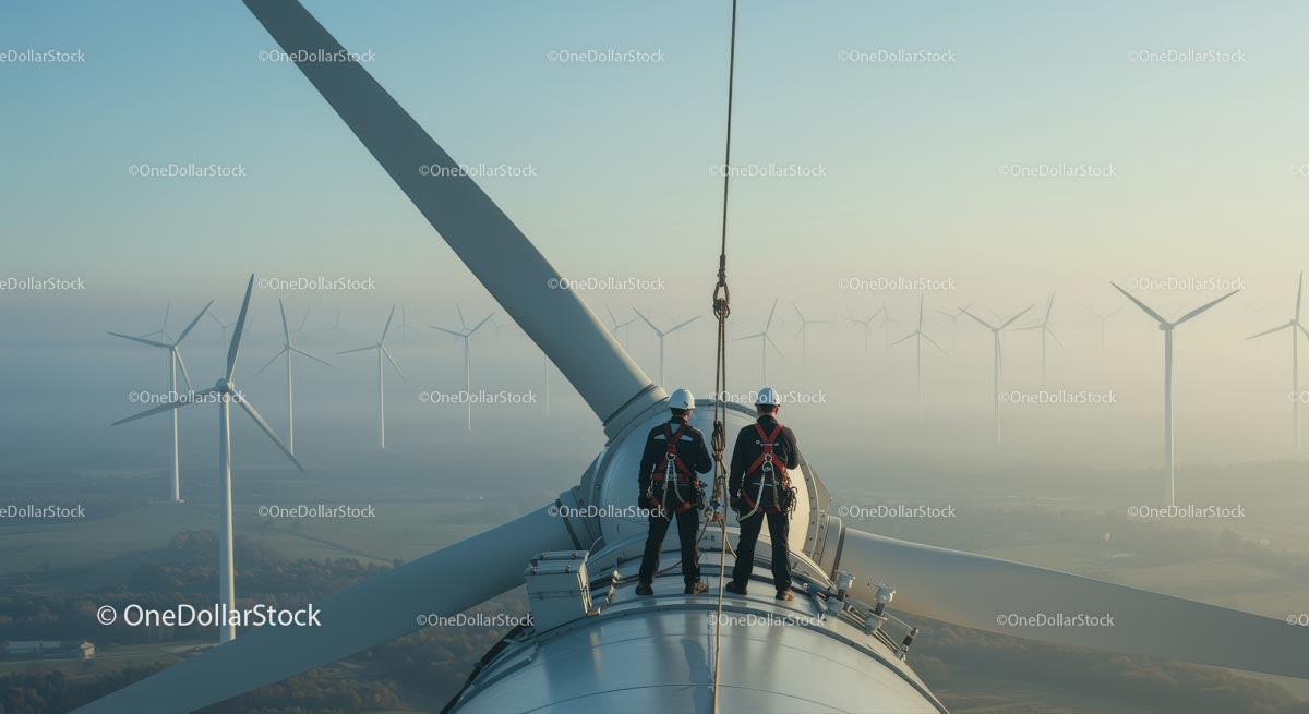 Engineers atop Wind Turbine in Scenic Foggy Landscape