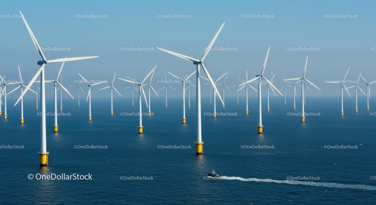 Offshore Wind Farm with Turbines on Ocean Horizon