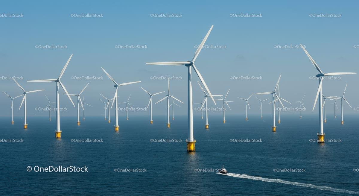 Offshore Wind Farm with Turbines on a Clear Blue Ocean