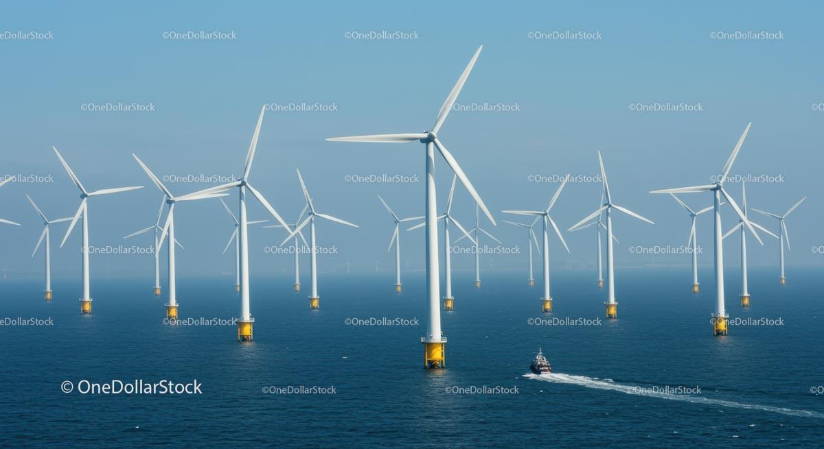 Offshore Wind Farm with Turbines on Blue Ocean Horizon