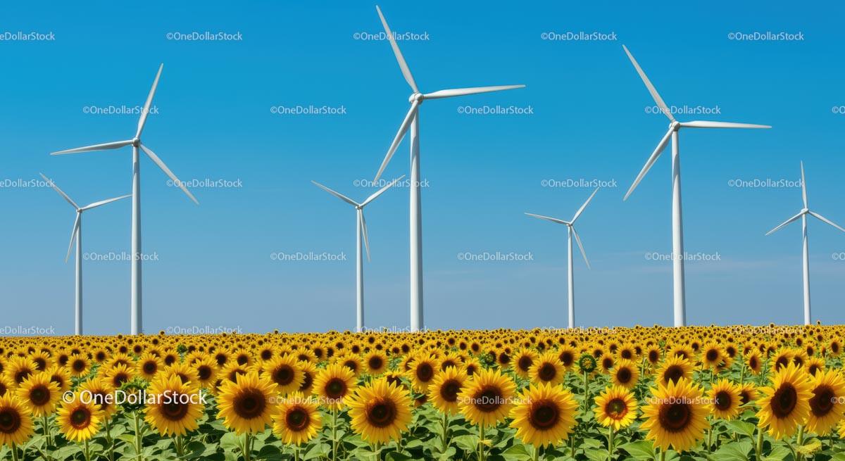 Sunflower Field with Wind Turbines Under Blue Sky