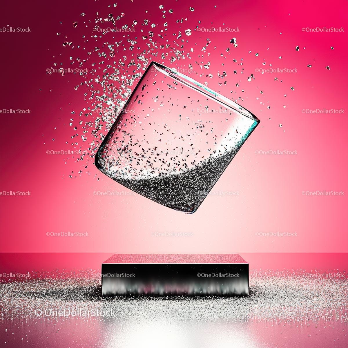 Glass and Glitter Explosion on Pink Background