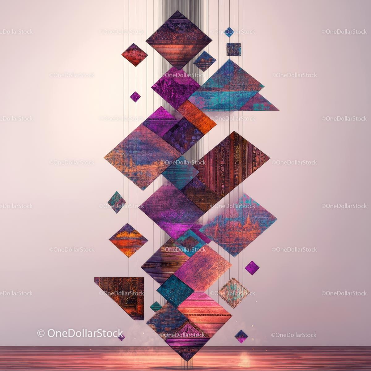 Vibrant Geometric Art Installation with Various Shapes