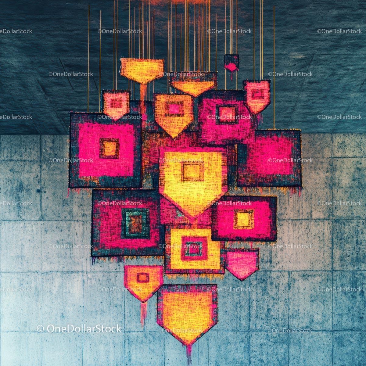 Abstract Geometric Art Installation on Concrete Wall