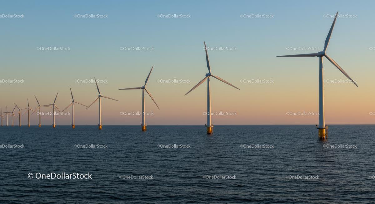 Offshore Wind Turbines at Sunset Over Calm Sea