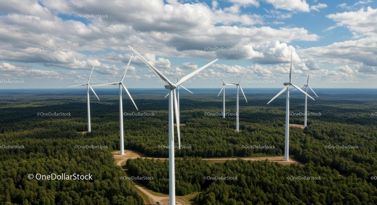 Aerial View of Wind Turbines in Lush Green Forest