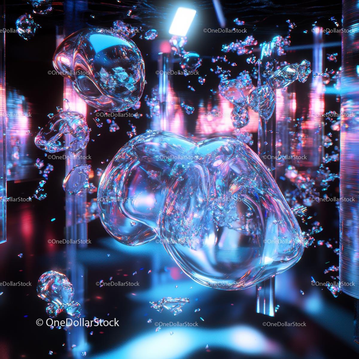 Futuristic Glass Bubbles with Neon Light Reflections