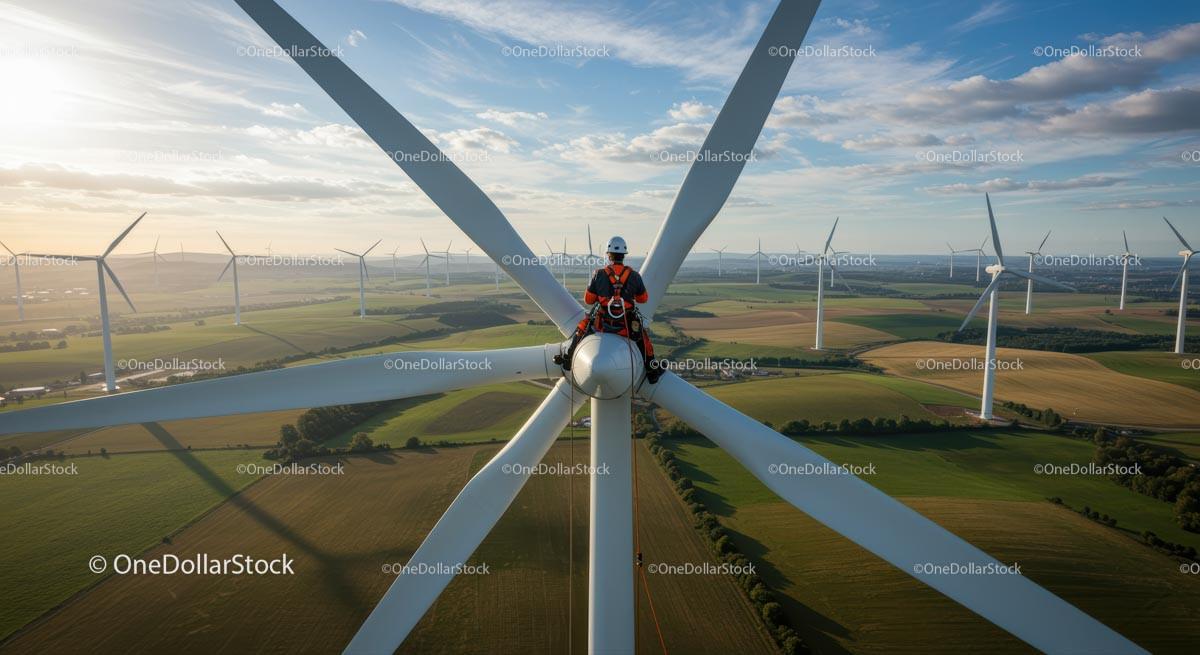 Engineer on Wind Turbine Overlooking Vast Wind Farm