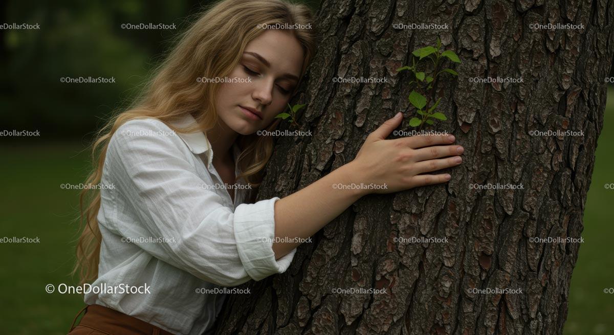 Woman Embracing Tree in Serene Natural Setting