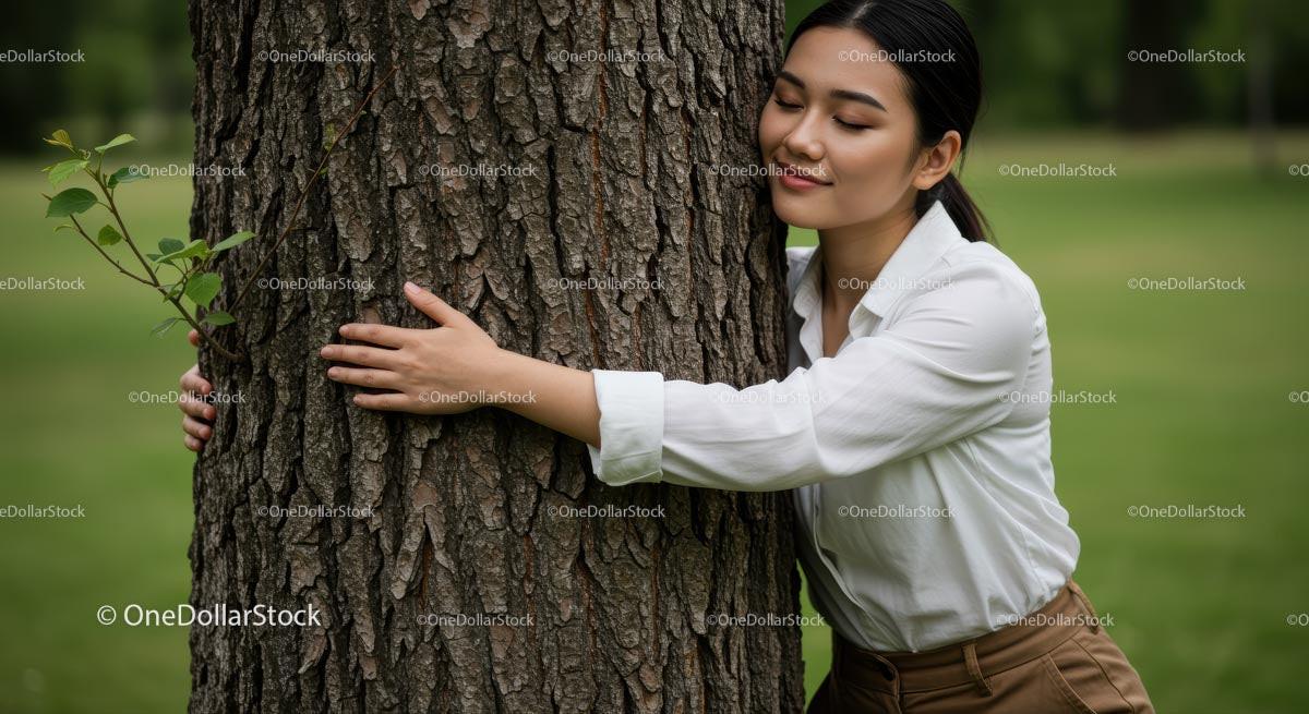Woman Embracing Tree in Peaceful Green Park