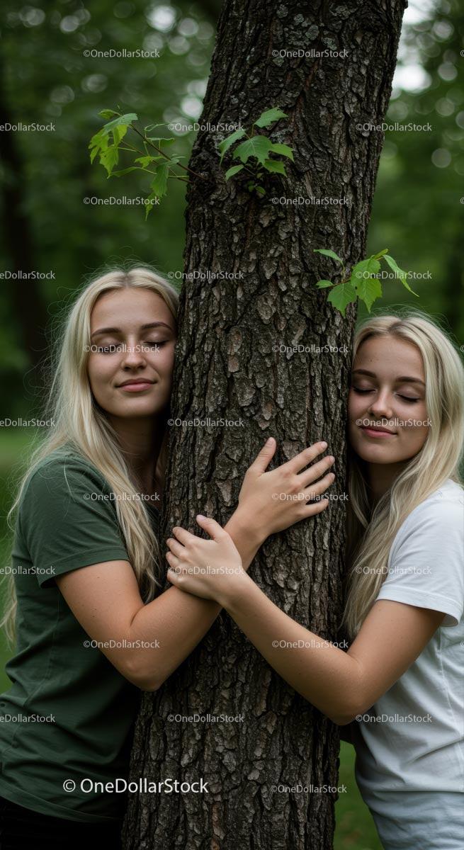 Young Women Embracing Tree in Lush Green Forest